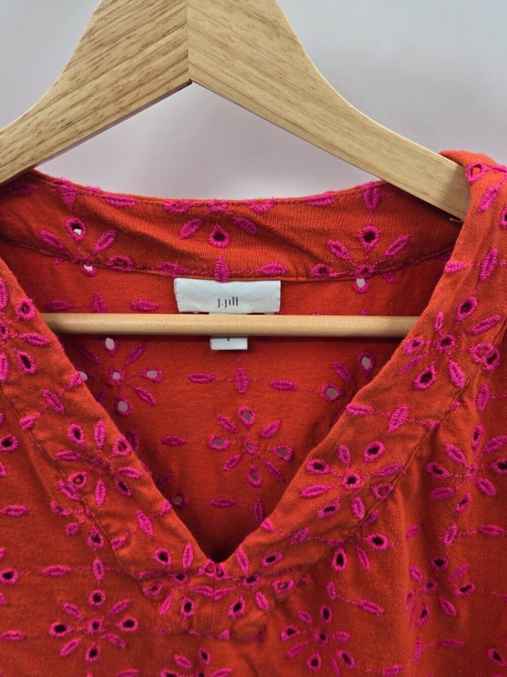 J. Jill Orange Pink Embroidered Eyelet Balloon Sleeve Tunic Blouse Top Small - Picture 4 of 13